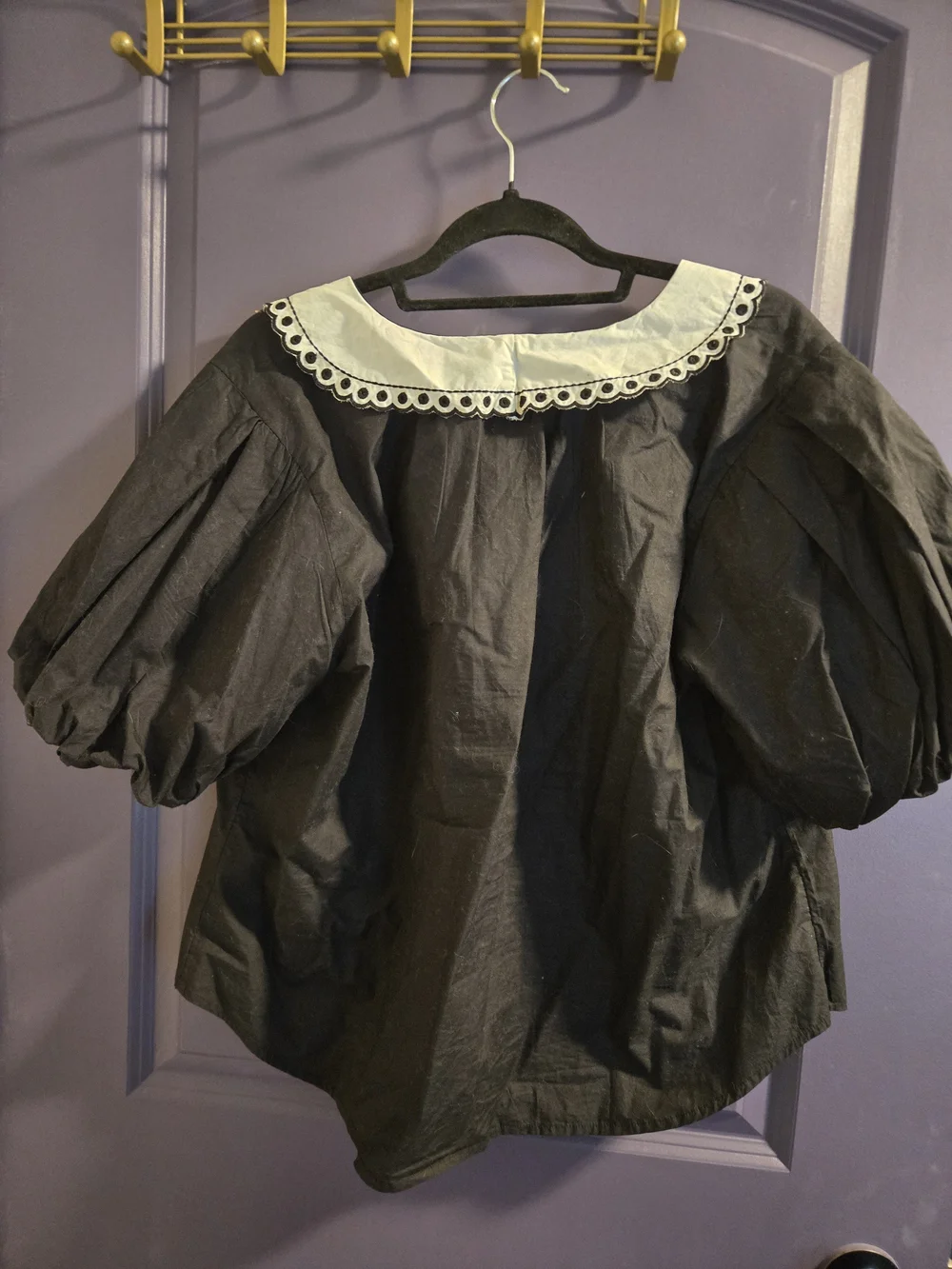 Anthropologie Black Button-Front Blouse with Embroidered White Collar - Picture 5 of 6